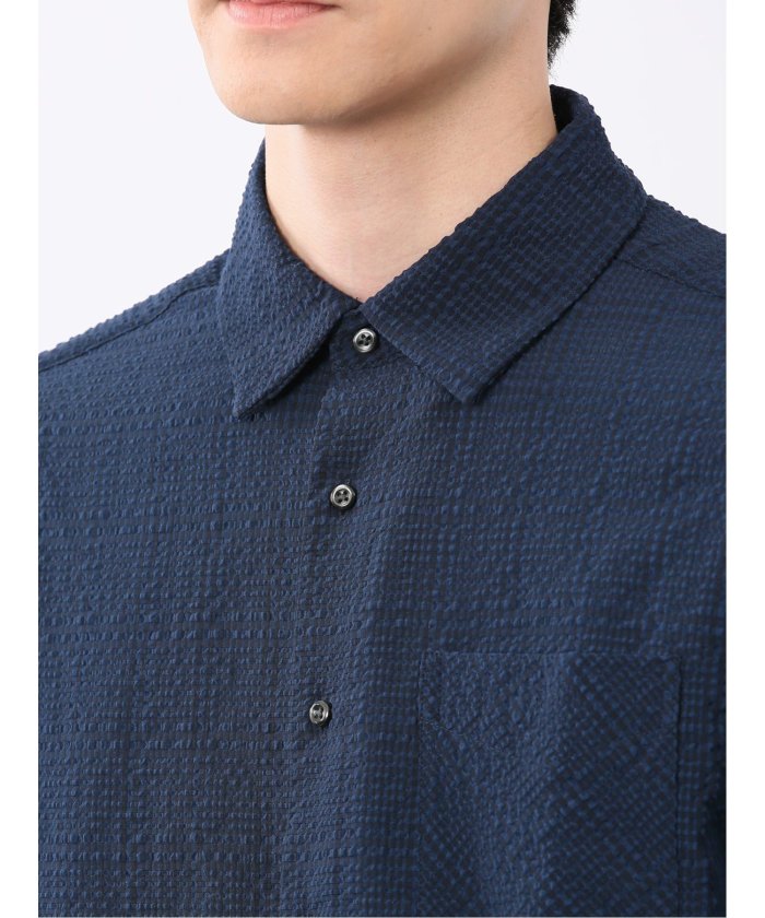 サッカーチェック レギュラーカラー7分袖シャツ (紺) メンズ シャツ カジュアル トップス インナー 半袖 5分袖 ギフト プレゼント ライトアウター カーディガン アウター 紺