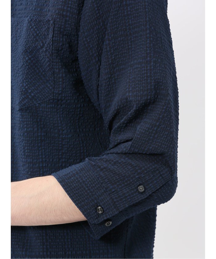 サッカーチェック レギュラーカラー7分袖シャツ (紺) メンズ シャツ カジュアル トップス インナー 半袖 5分袖 ギフト プレゼント ライトアウター カーディガン アウター 紺