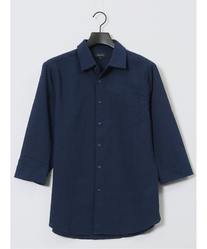 サッカーチェック レギュラーカラー7分袖シャツ (紺) メンズ シャツ カジュアル トップス インナー 半袖 5分袖 ギフト プレゼント ライトアウター カーディガン アウター 紺