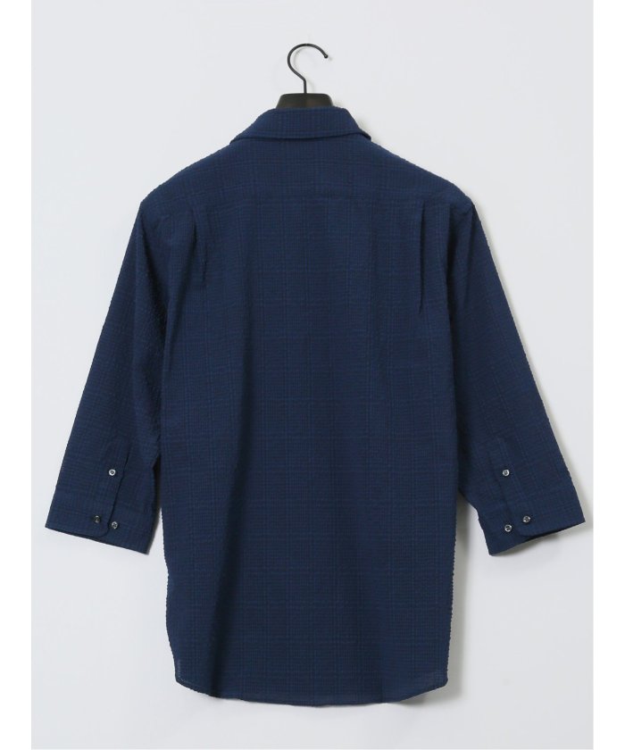 サッカーチェック レギュラーカラー7分袖シャツ (紺) メンズ シャツ カジュアル トップス インナー 半袖 5分袖 ギフト プレゼント ライトアウター カーディガン アウター 紺
