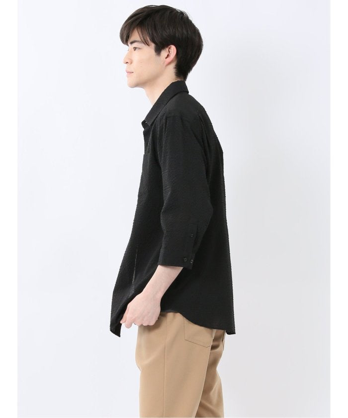 サッカーチェック レギュラーカラー7分袖シャツ (紺) メンズ シャツ カジュアル トップス インナー 半袖 5分袖 ギフト プレゼント ライトアウター カーディガン アウター 紺