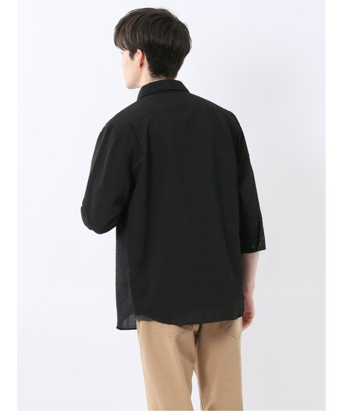 サッカーチェック レギュラーカラー7分袖シャツ (紺) メンズ シャツ カジュアル トップス インナー 半袖 5分袖 ギフト プレゼント ライトアウター カーディガン アウター 紺