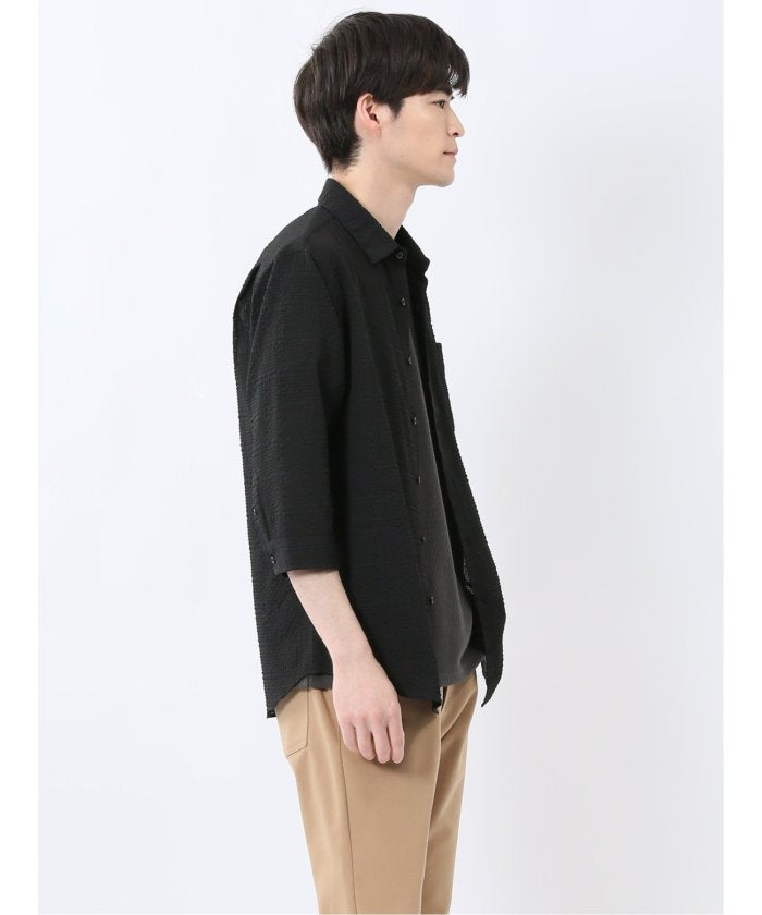 サッカーチェック レギュラーカラー7分袖シャツ (紺) メンズ シャツ カジュアル トップス インナー 半袖 5分袖 ギフト プレゼント ライトアウター カーディガン アウター 紺