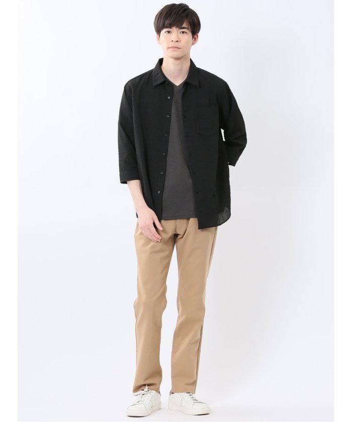 サッカーチェック レギュラーカラー7分袖シャツ (紺) メンズ シャツ カジュアル トップス インナー 半袖 5分袖 ギフト プレゼント ライトアウター カーディガン アウター 紺