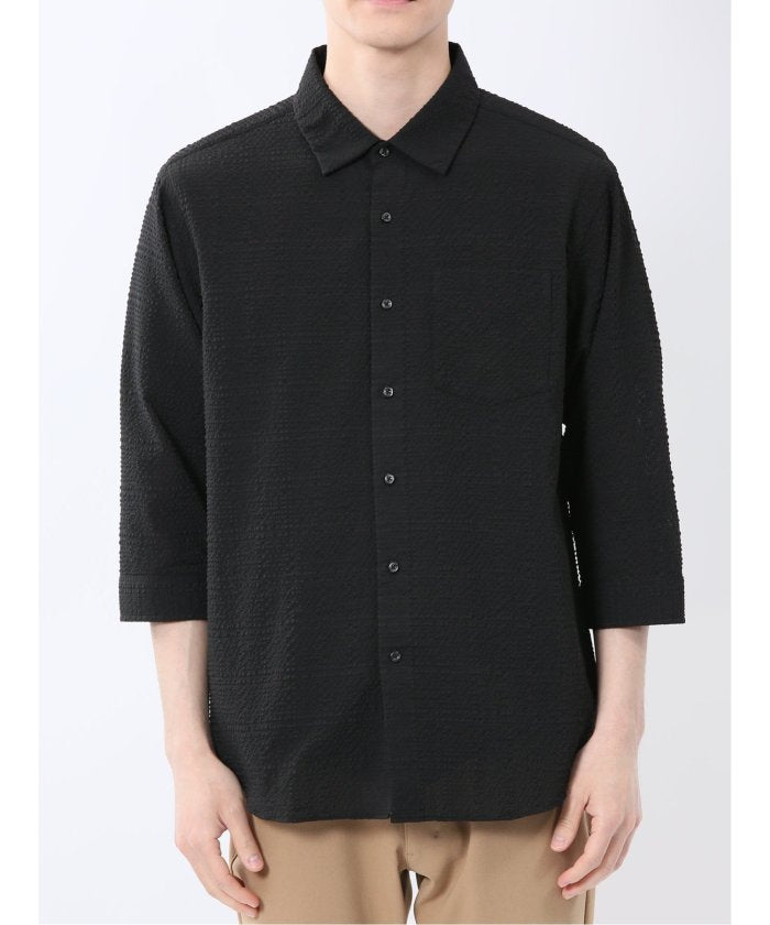 サッカーチェック レギュラーカラー7分袖シャツ (紺) メンズ シャツ カジュアル トップス インナー 半袖 5分袖 ギフト プレゼント ライトアウター カーディガン アウター 紺