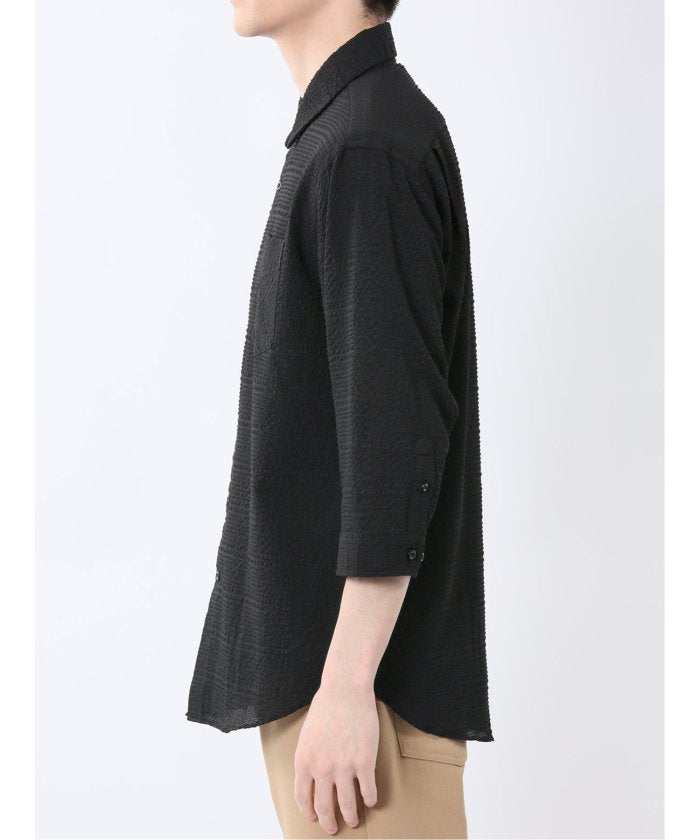 サッカーチェック レギュラーカラー7分袖シャツ (紺) メンズ シャツ カジュアル トップス インナー 半袖 5分袖 ギフト プレゼント ライトアウター カーディガン アウター 紺