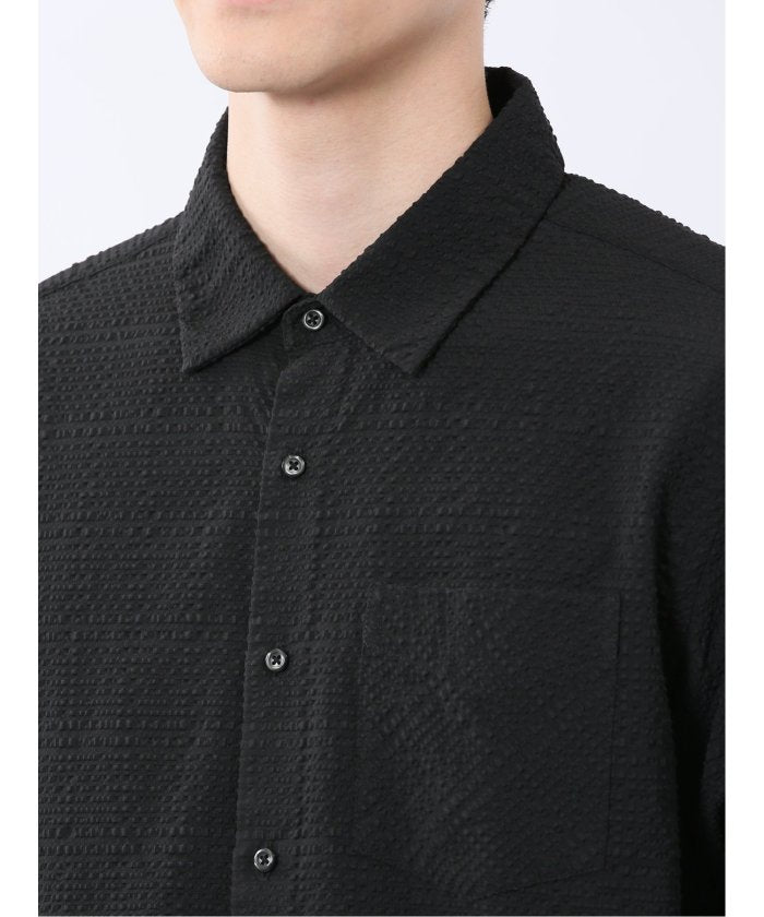 サッカーチェック レギュラーカラー7分袖シャツ (紺) メンズ シャツ カジュアル トップス インナー 半袖 5分袖 ギフト プレゼント ライトアウター カーディガン アウター 紺