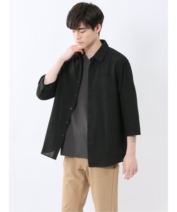 サッカーチェック レギュラーカラー7分袖シャツ (紺) メンズ シャツ カジュアル トップス インナー 半袖 5分袖 ギフト プレゼント ライトアウター カーディガン アウター 紺