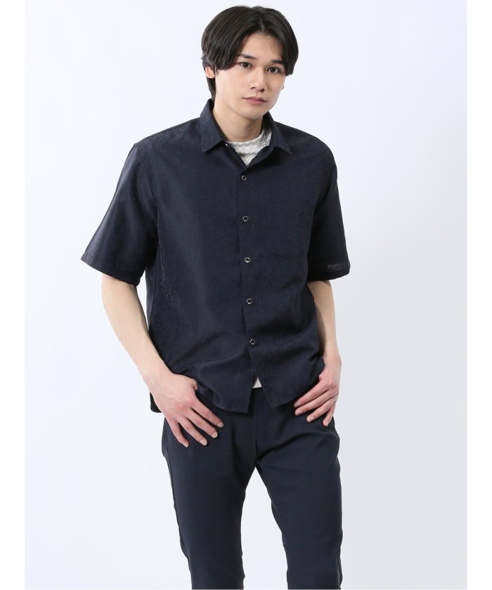 ジャガード レギュラーカラー半袖シャツ (紺) メンズ シャツ カジュアル トップス インナー 半袖 5分袖 ギフト プレゼント ライトアウター カーディガン アウター 紺