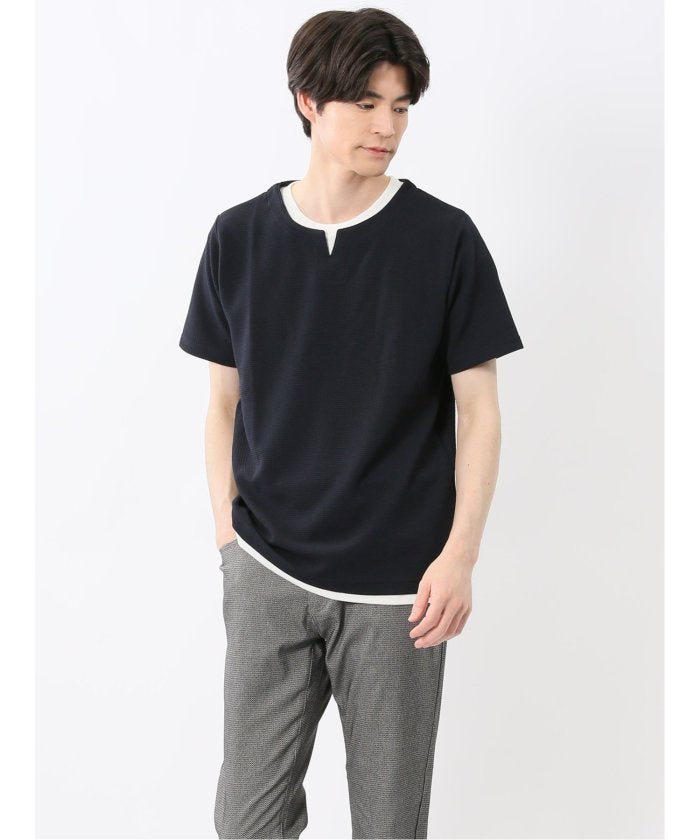ドライワッフル キーネック半袖Tシャツ (紺) メンズ Tシャツ カットソー カジュアル インナー トップス ギフト プレゼント 紺
