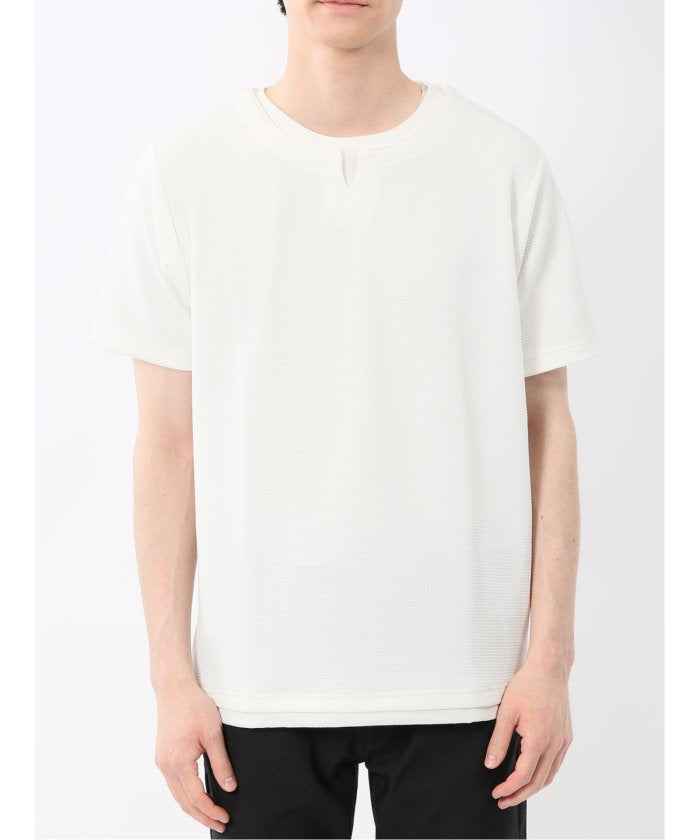 ドライワッフル キーネック半袖Tシャツ (紺) メンズ Tシャツ カットソー カジュアル インナー トップス ギフト プレゼント 紺