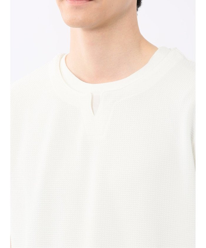 ドライワッフル キーネック半袖Tシャツ (紺) メンズ Tシャツ カットソー カジュアル インナー トップス ギフト プレゼント 紺