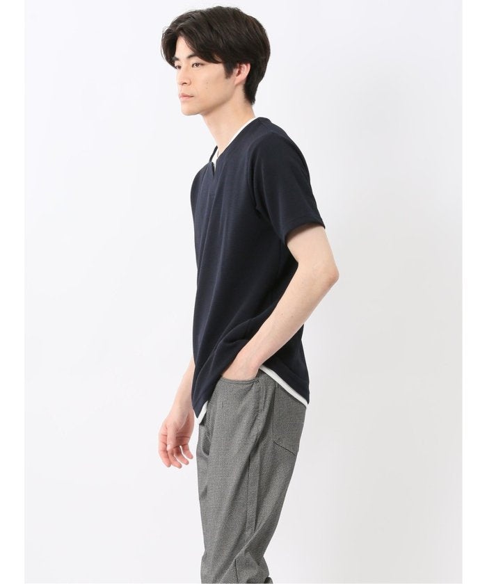 ドライワッフル キーネック半袖Tシャツ (紺) メンズ Tシャツ カットソー カジュアル インナー トップス ギフト プレゼント 紺