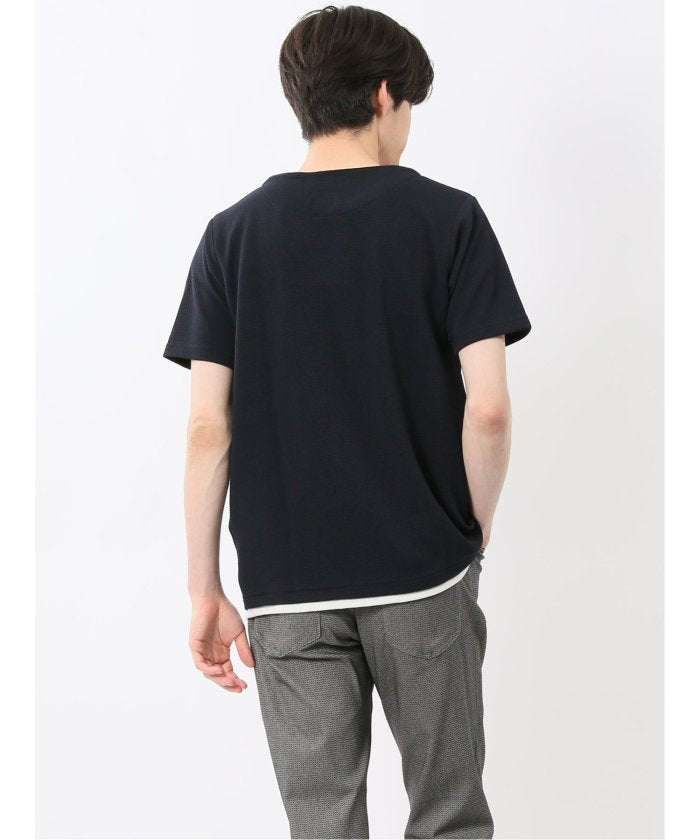 ドライワッフル キーネック半袖Tシャツ (紺) メンズ Tシャツ カットソー カジュアル インナー トップス ギフト プレゼント 紺