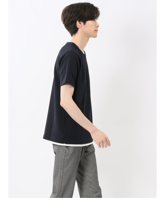 ドライワッフル キーネック半袖Tシャツ (紺) メンズ Tシャツ カットソー カジュアル インナー トップス ギフト プレゼント 紺