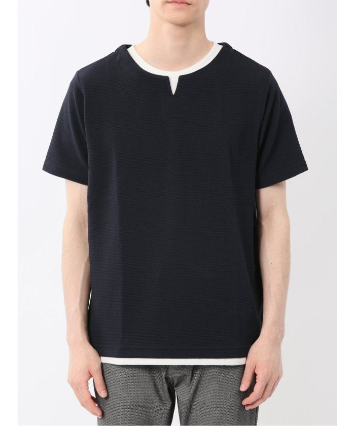 ドライワッフル キーネック半袖Tシャツ (紺) メンズ Tシャツ カットソー カジュアル インナー トップス ギフト プレゼント 紺