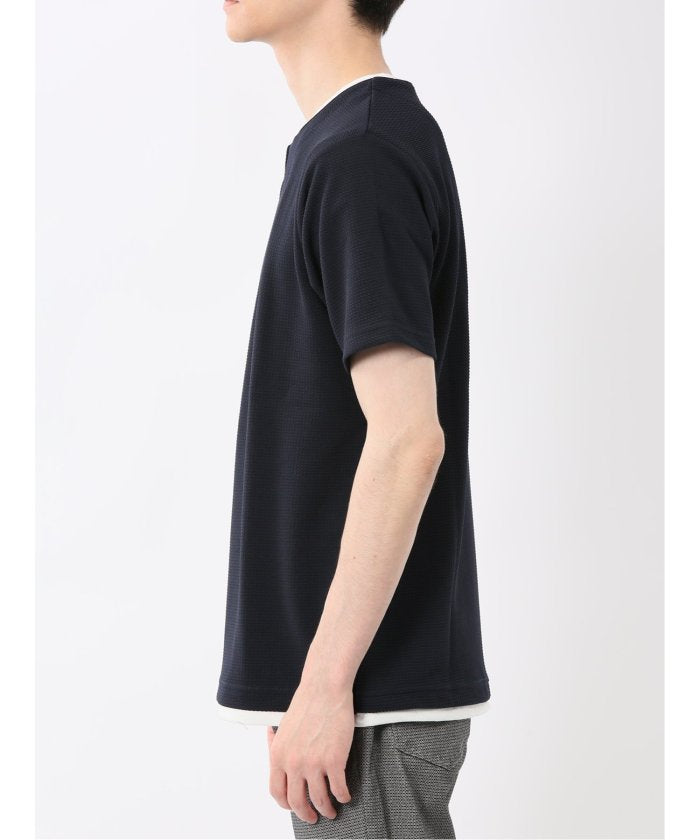 ドライワッフル キーネック半袖Tシャツ (紺) メンズ Tシャツ カットソー カジュアル インナー トップス ギフト プレゼント 紺
