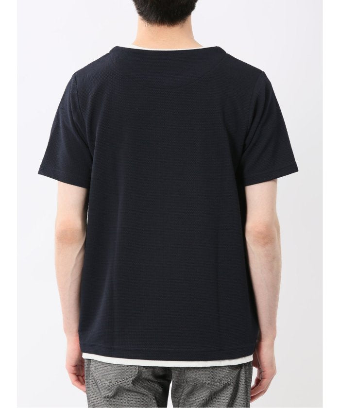 ドライワッフル キーネック半袖Tシャツ (紺) メンズ Tシャツ カットソー カジュアル インナー トップス ギフト プレゼント 紺
