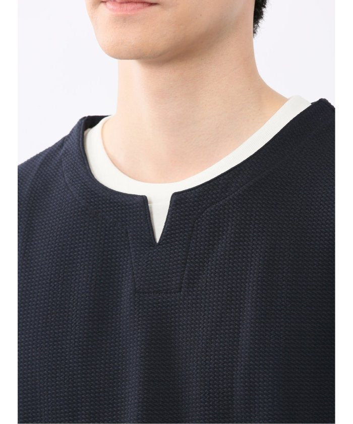 ドライワッフル キーネック半袖Tシャツ (紺) メンズ Tシャツ カットソー カジュアル インナー トップス ギフト プレゼント 紺