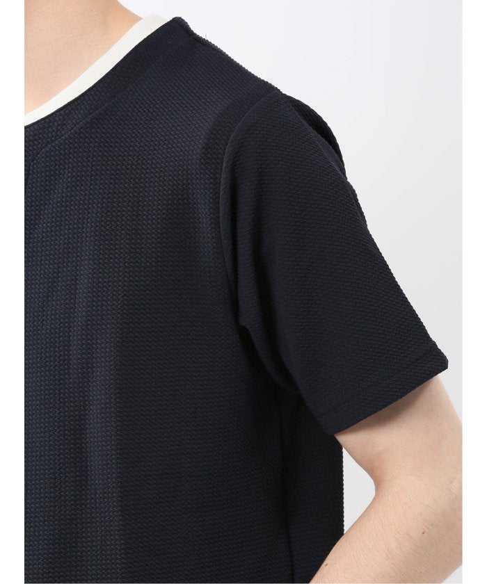 ドライワッフル キーネック半袖Tシャツ (紺) メンズ Tシャツ カットソー カジュアル インナー トップス ギフト プレゼント 紺