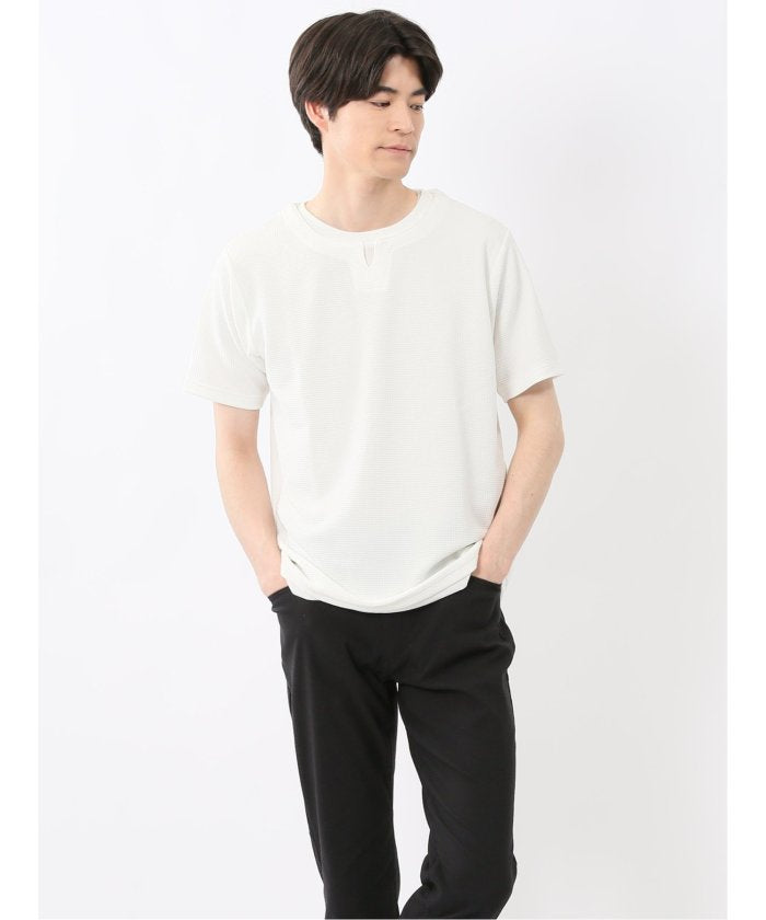 ドライワッフル キーネック半袖Tシャツ (紺) メンズ Tシャツ カットソー カジュアル インナー トップス ギフト プレゼント 紺