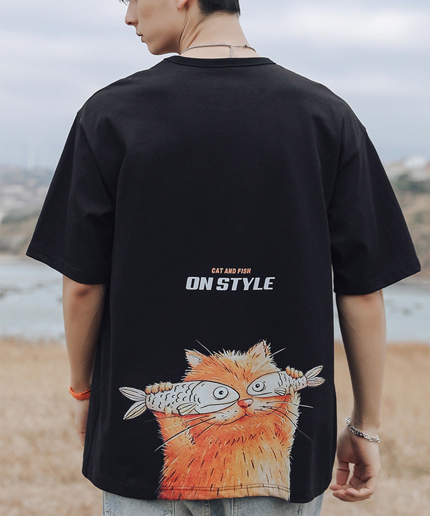 フック HOOK 【HOOK】ネコ柄プリント◇ビッグtシャツ  (ブラック) ブラック