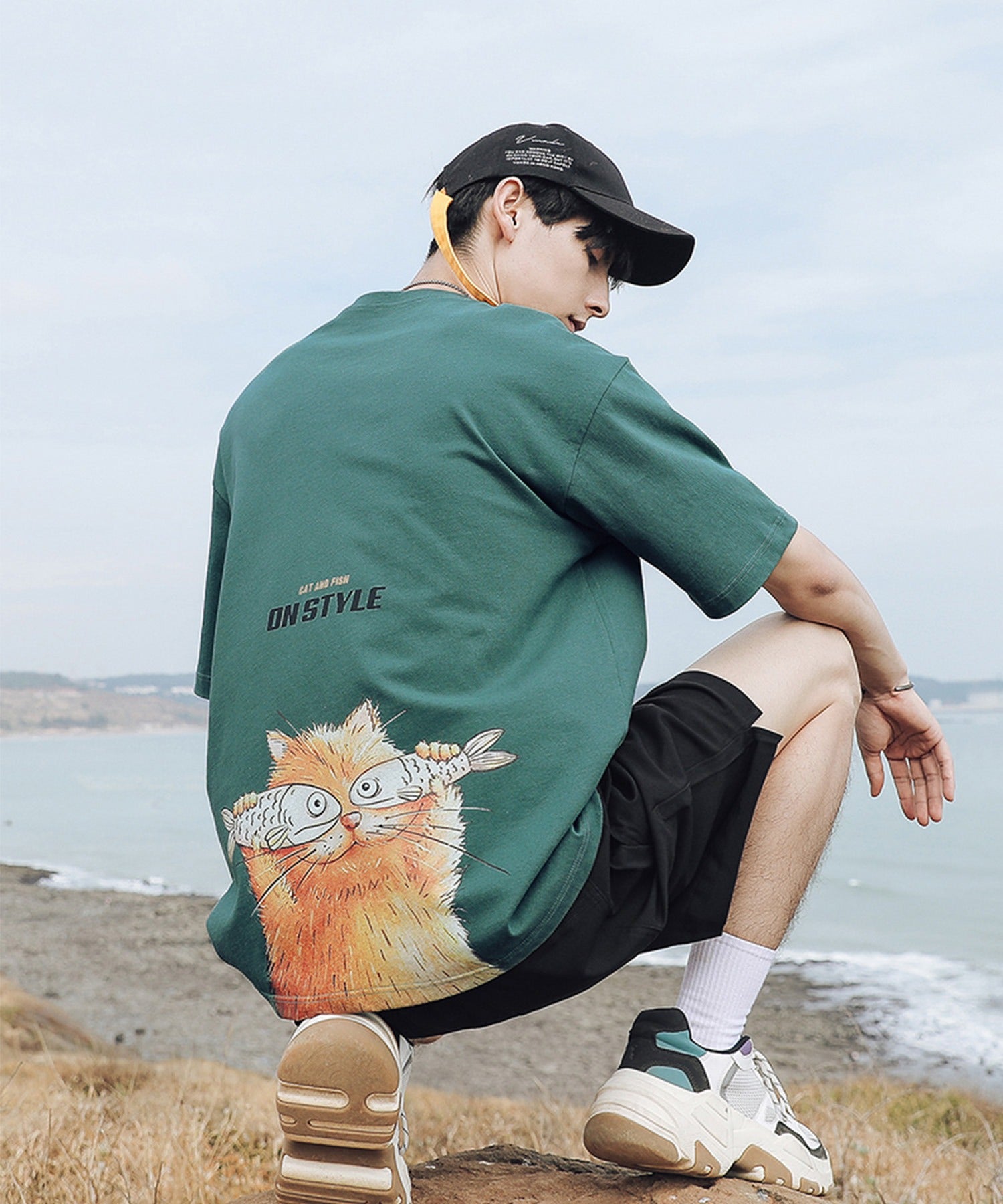 フック HOOK 【HOOK】ネコ柄プリント◇ビッグtシャツ  (ブラック) ブラック