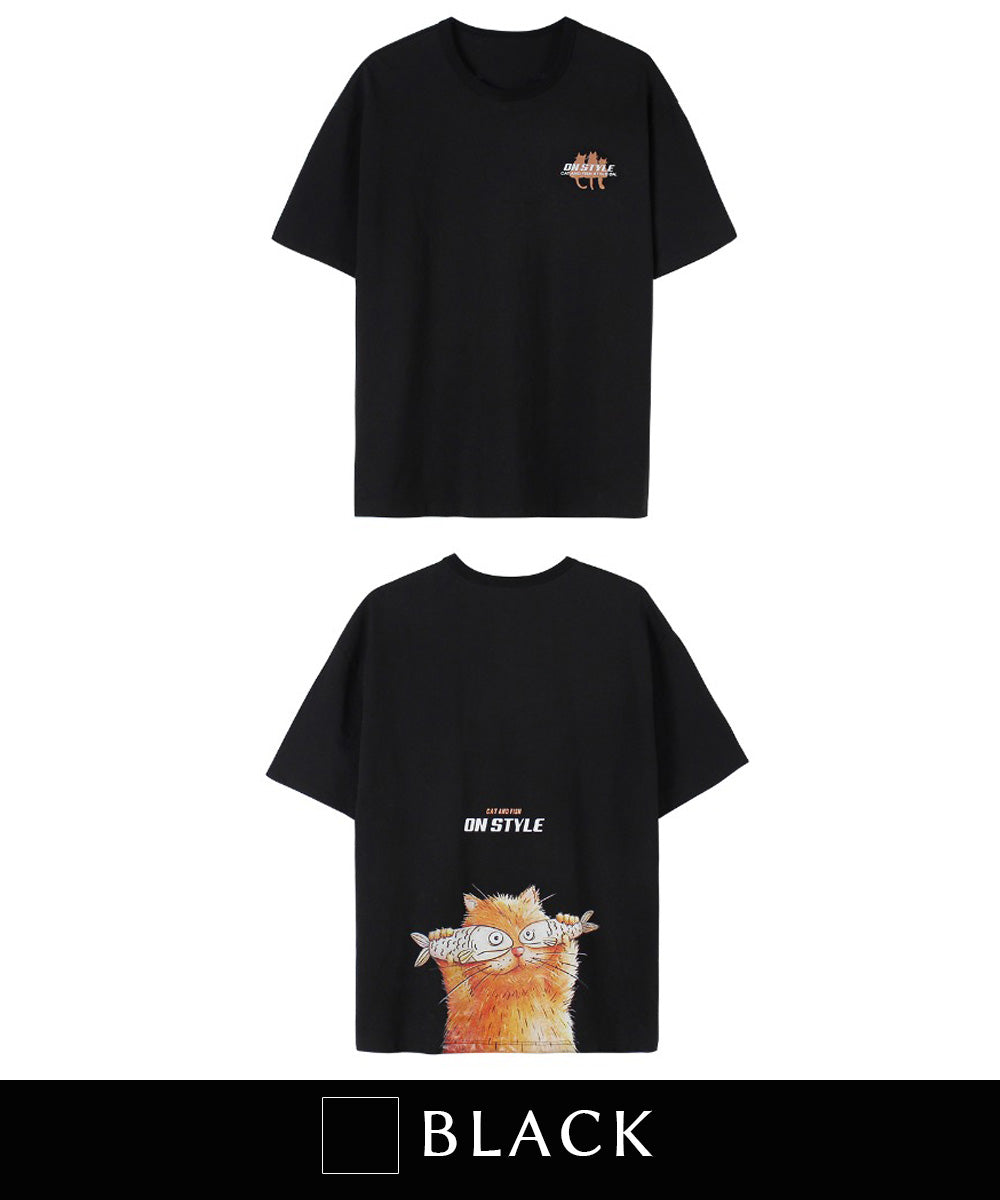 フック HOOK 【HOOK】ネコ柄プリント◇ビッグtシャツ  (ブラック) ブラック