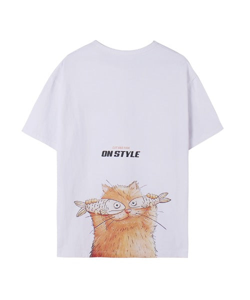 フック HOOK 【HOOK】ネコ柄プリント◇ビッグtシャツ  (ホワイト) ホワイト