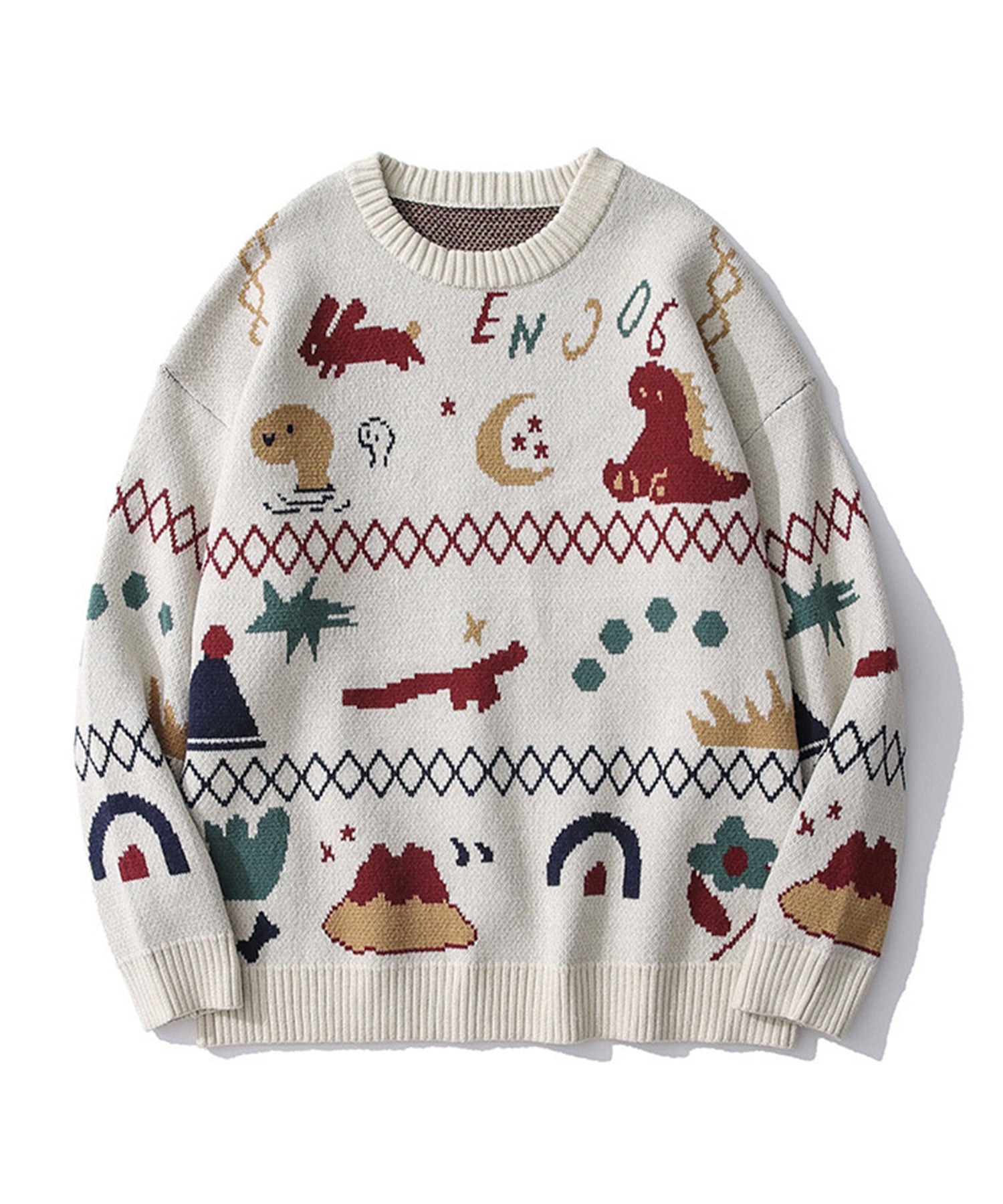 フック HOOK 【HOOK】ユニセックス かわいい恐竜イラストニット風スウェット (ベージュ) ベージュ