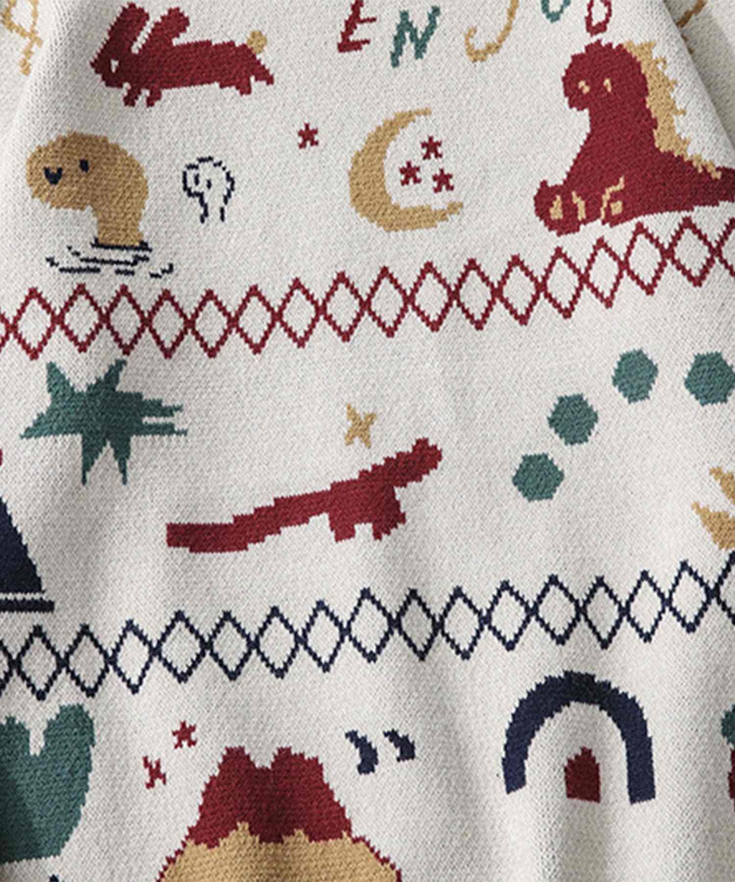 フック HOOK 【HOOK】ユニセックス かわいい恐竜イラストニット風スウェット (ベージュ) ベージュ