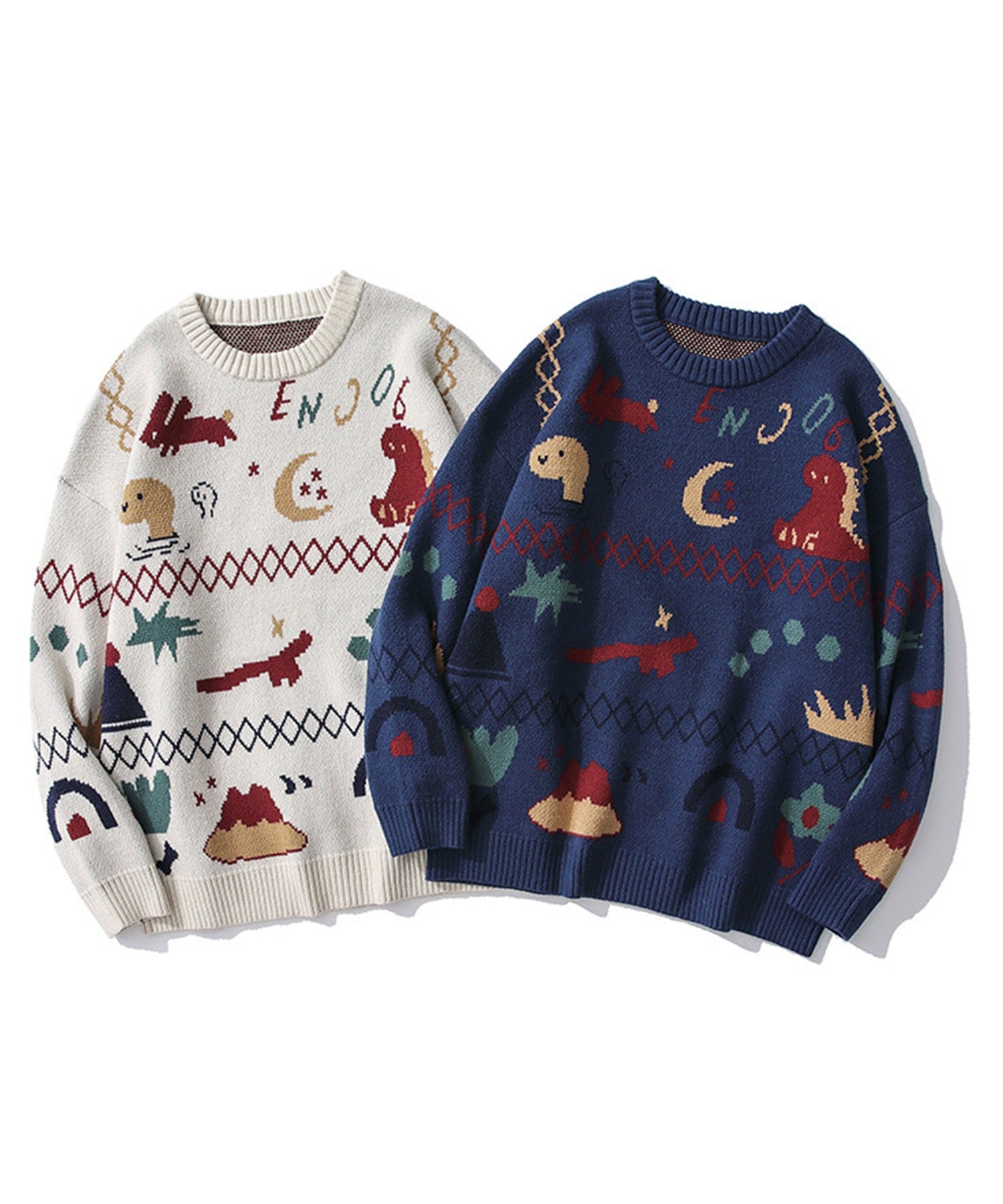 フック HOOK 【HOOK】ユニセックス かわいい恐竜イラストニット風スウェット (ベージュ) ベージュ