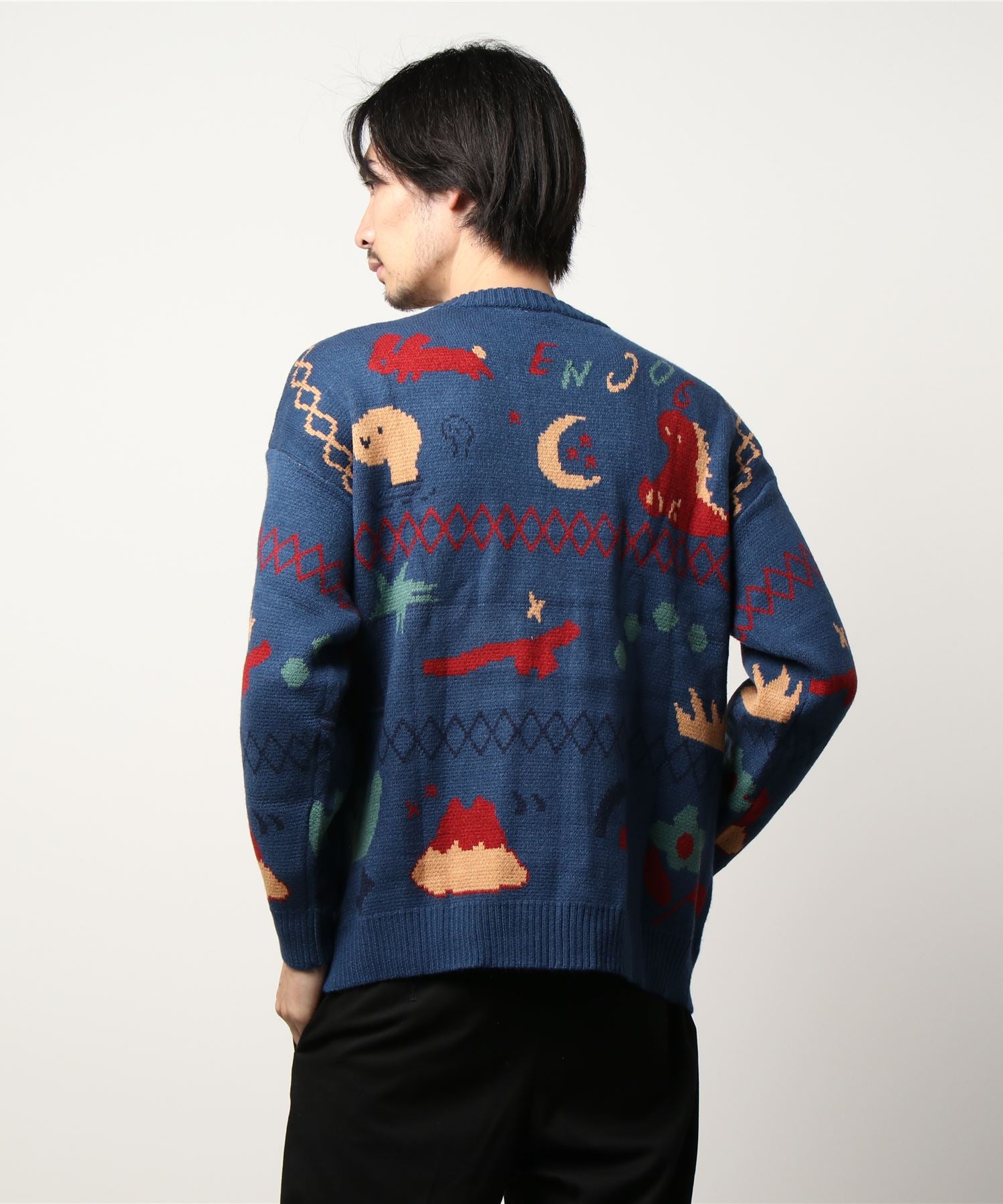 フック HOOK 【HOOK】ユニセックス かわいい恐竜イラストニット風スウェット (ベージュ) ベージュ