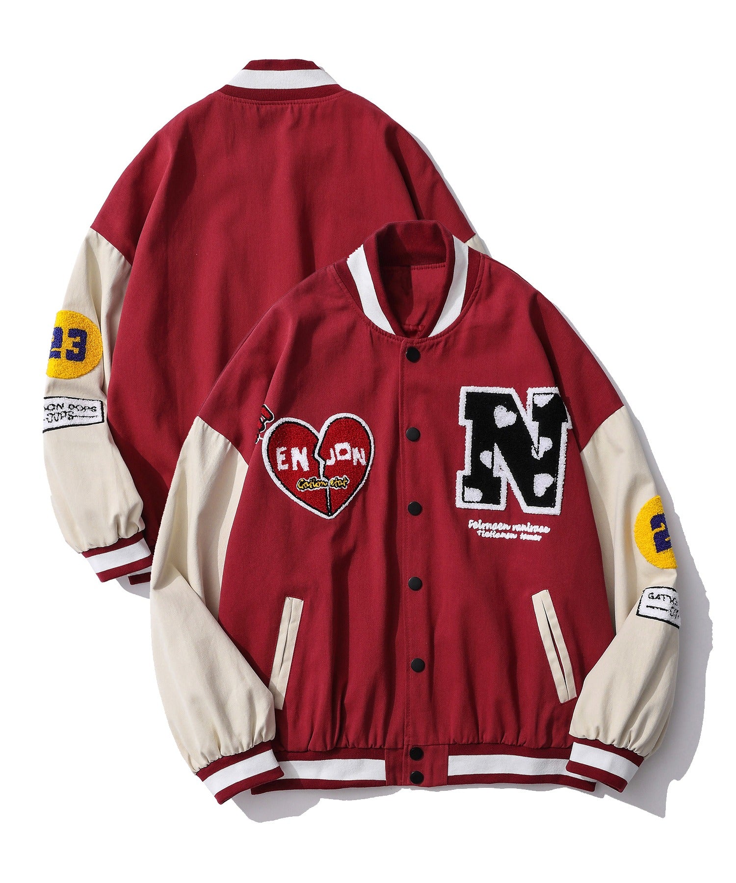 フック HOOK HOOK新作 ユニセックス アメカジ袖配色切り替えドッキングブルゾン ワッペン刺繍入り (レッド) レッド