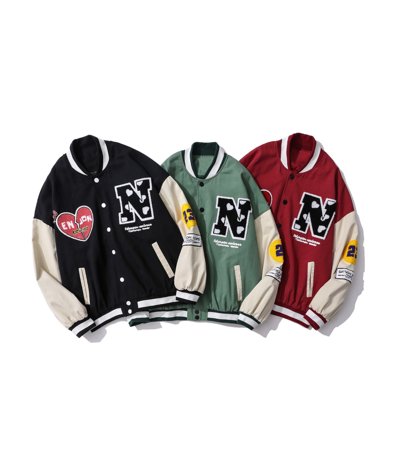 フック HOOK HOOK新作 ユニセックス アメカジ袖配色切り替えドッキングブルゾン ワッペン刺繍入り (レッド) レッド