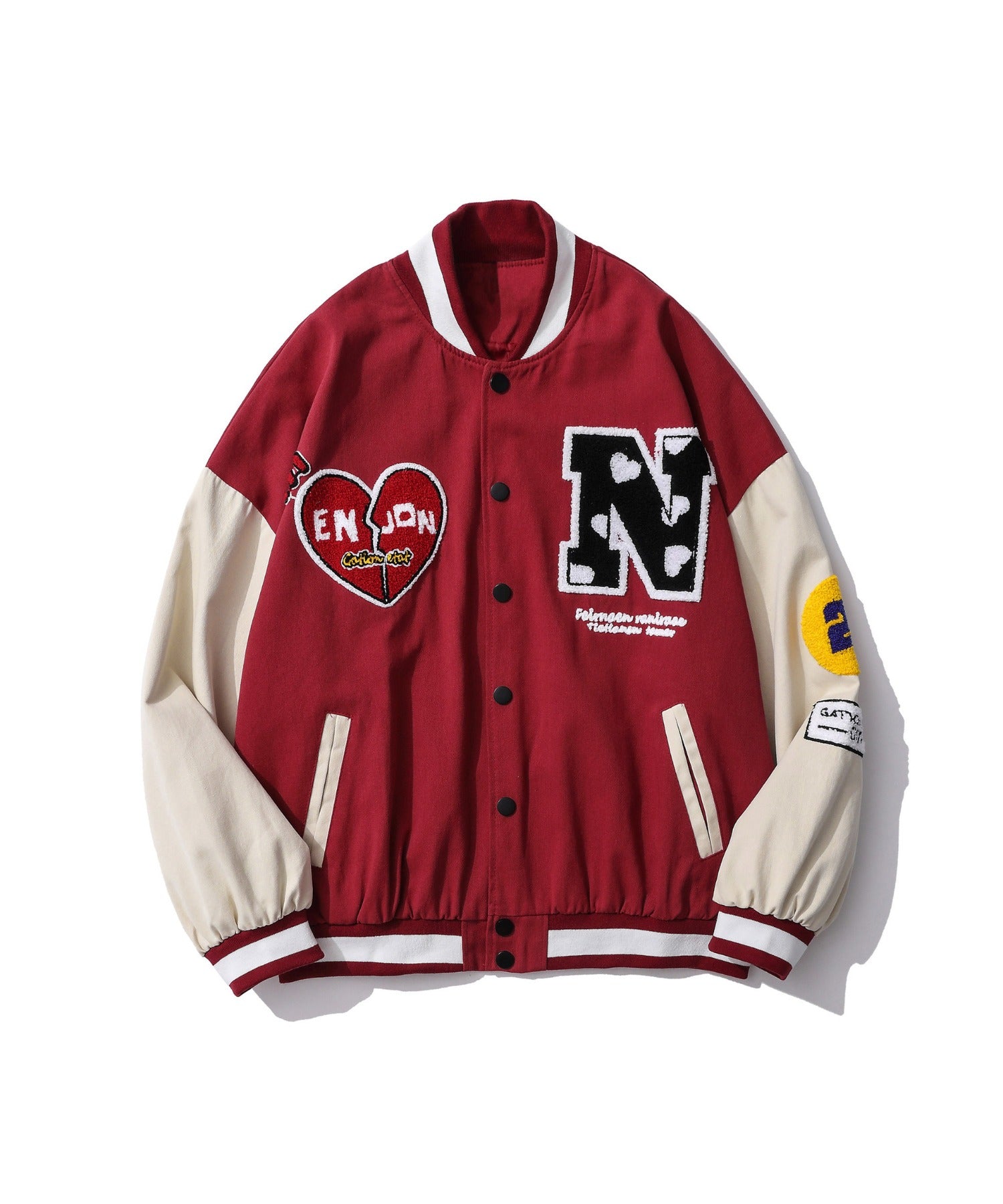 フック HOOK HOOK新作 ユニセックス アメカジ袖配色切り替えドッキングブルゾン ワッペン刺繍入り (レッド) レッド