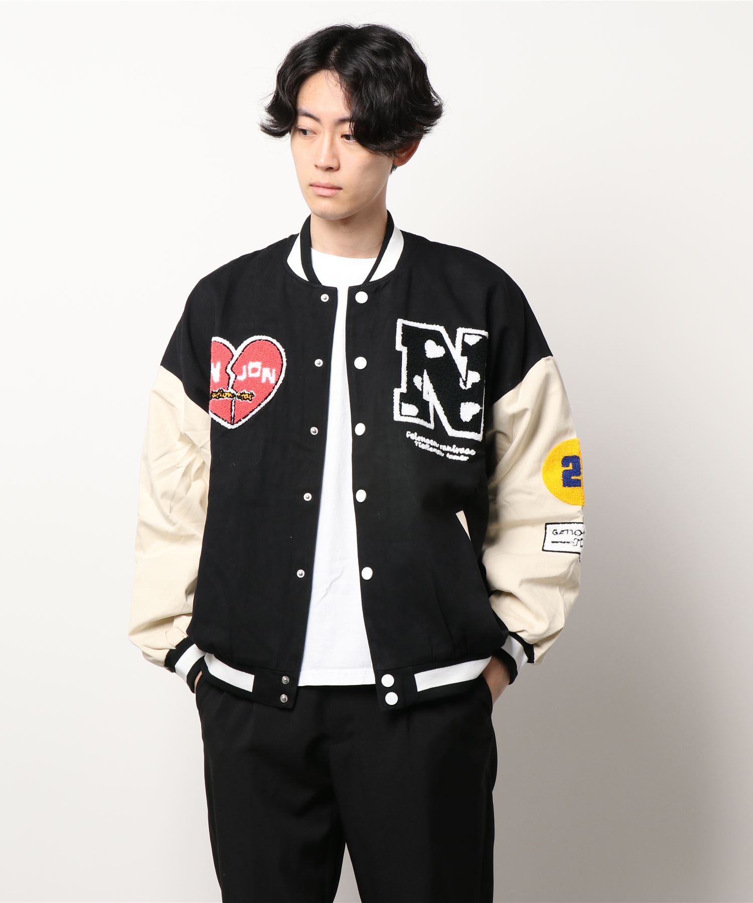 フック HOOK HOOK新作 ユニセックス アメカジ袖配色切り替えドッキングブルゾン ワッペン刺繍入り (レッド) レッド