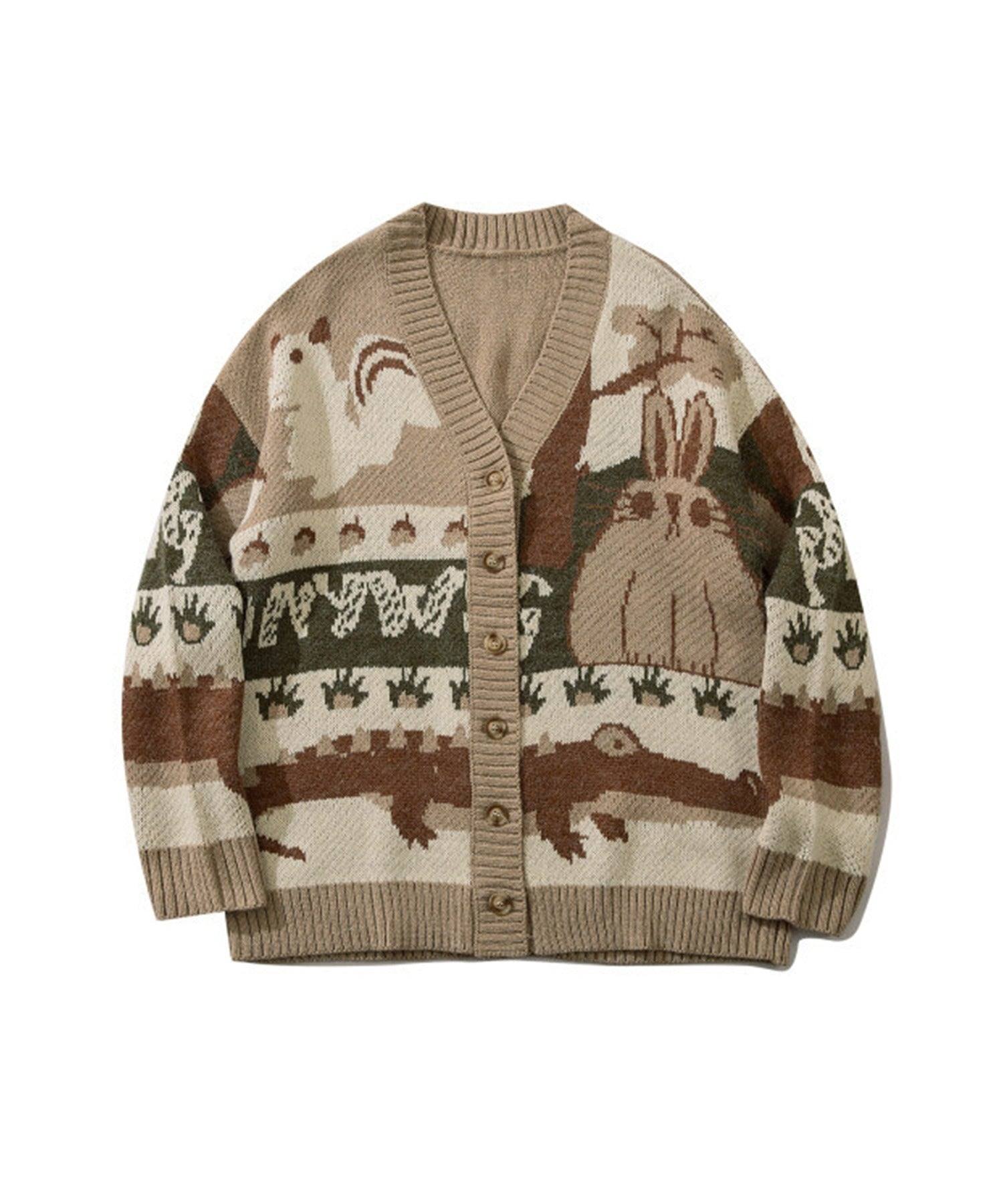 Hook HOOK 【HOOK】 Retro-style patchwork pattern rabbit illustration cardigan