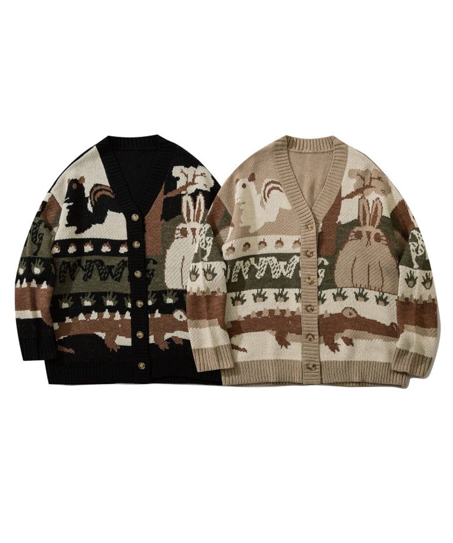 Hook HOOK 【HOOK】 Retro-style patchwork pattern rabbit illustration cardigan