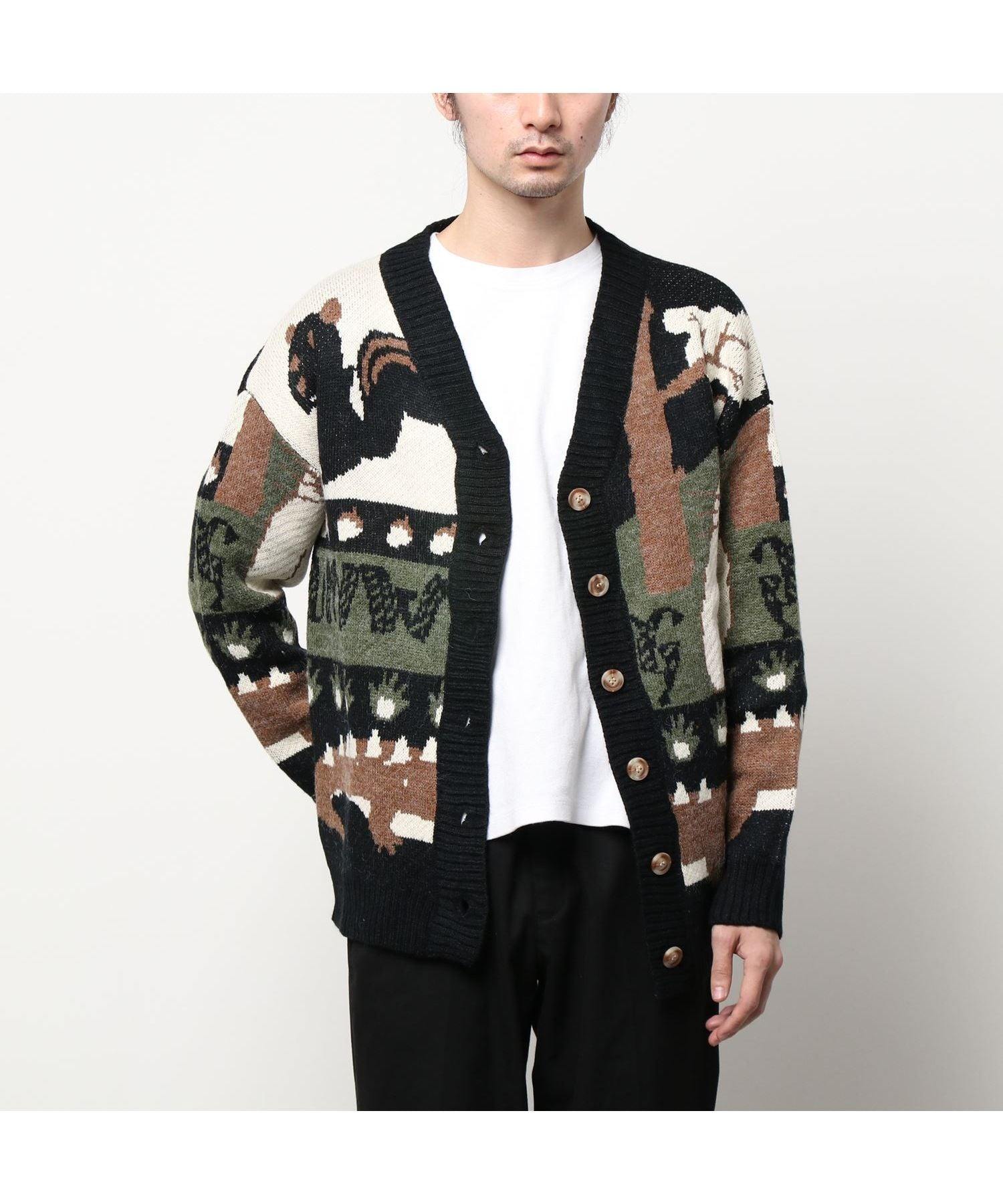 Hook HOOK 【HOOK】 Retro-style patchwork pattern rabbit illustration cardigan