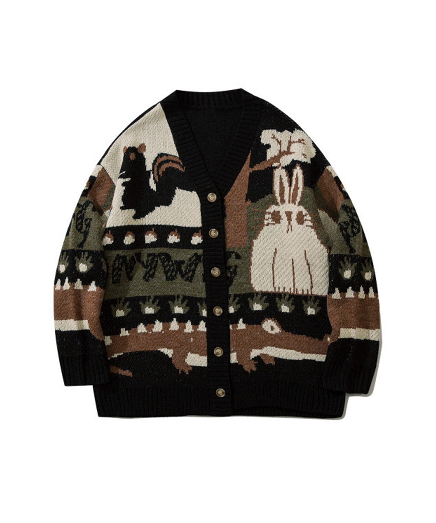 Hook HOOK 【HOOK】 Retro-style patchwork pattern rabbit illustration cardigan