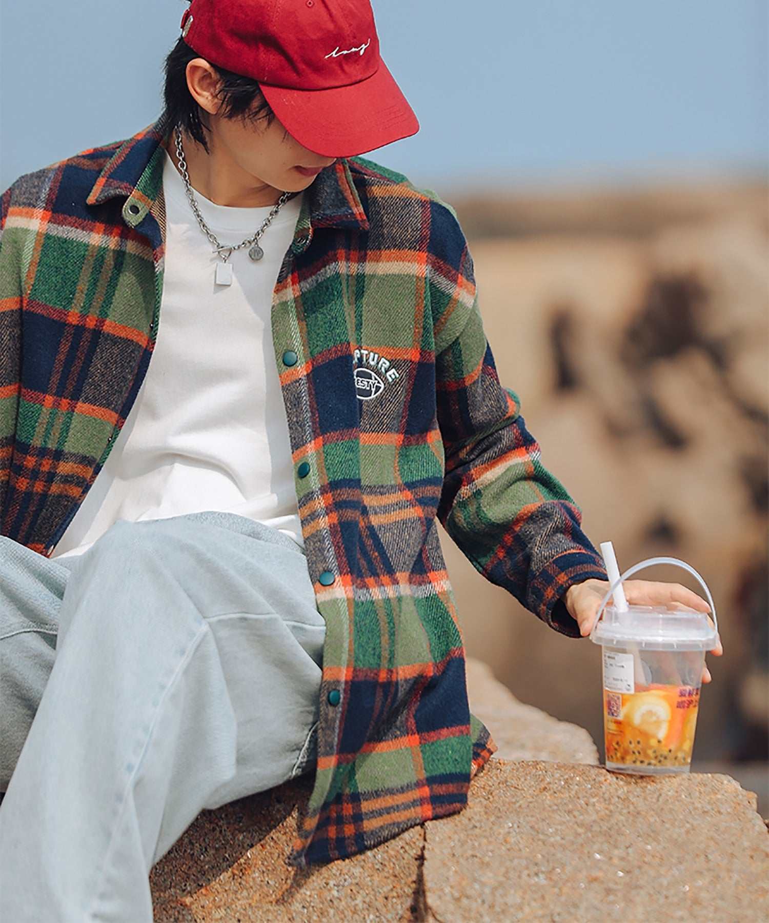 Hook HOOK 【HOOK】 American casual color check pattern back embroidery big shirt
