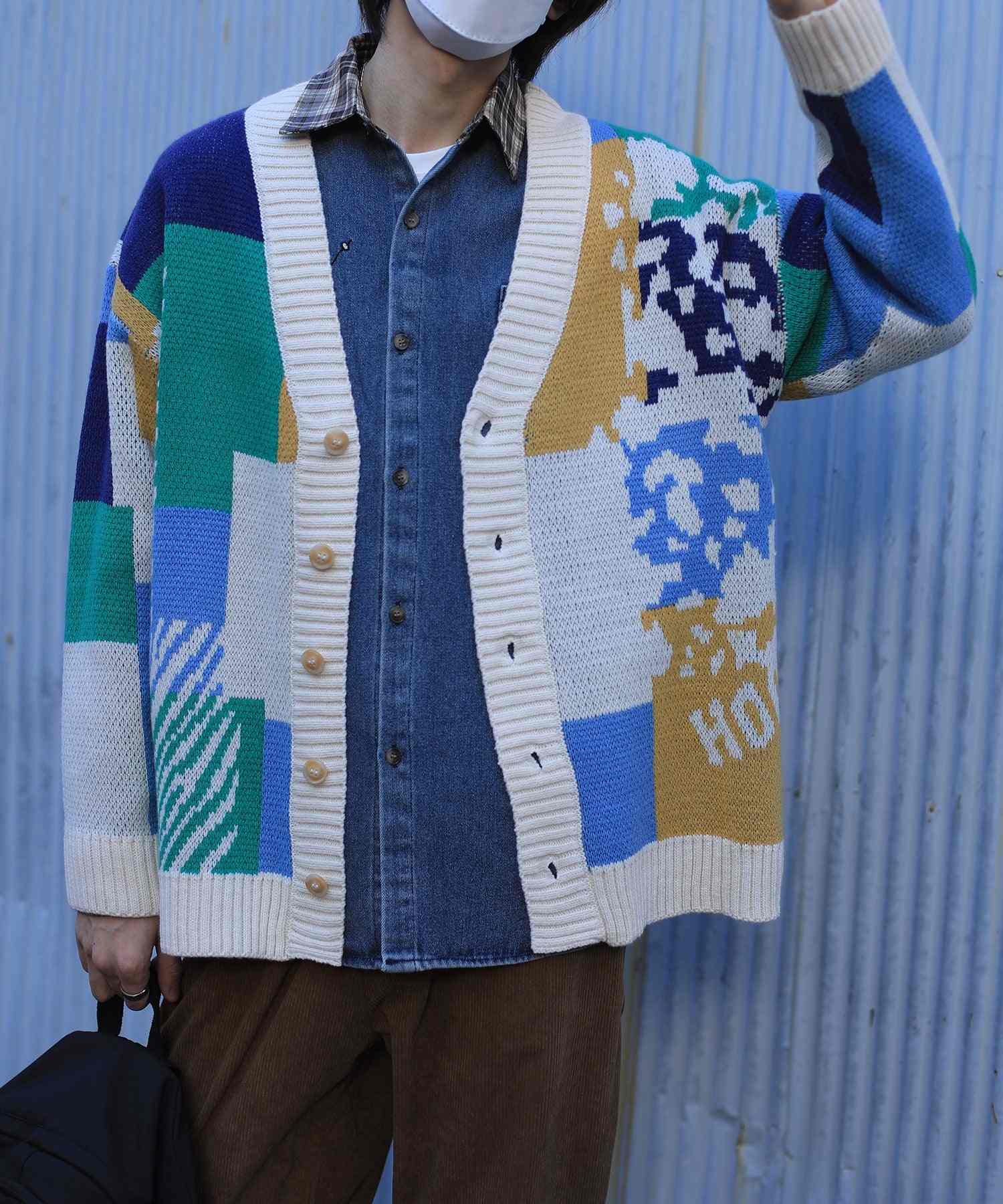 フック HOOK 【HOOK】ーoriginalー レトロ調アニマル・配色パッチワークニットカーディガン (アイボリー) アイボリー