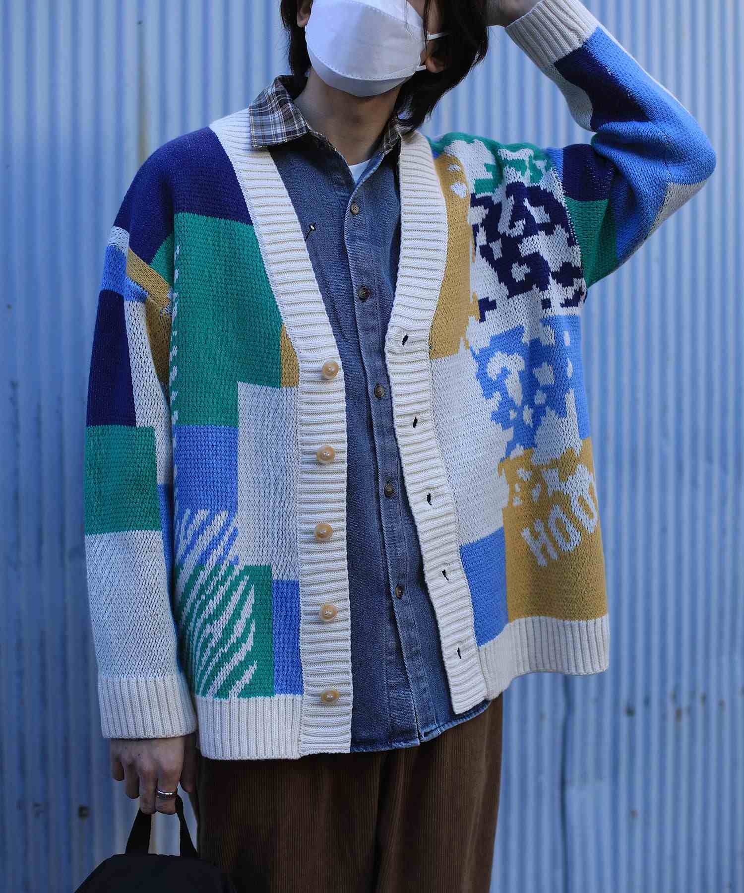 フック HOOK 【HOOK】ーoriginalー レトロ調アニマル・配色パッチワークニットカーディガン (アイボリー) アイボリー