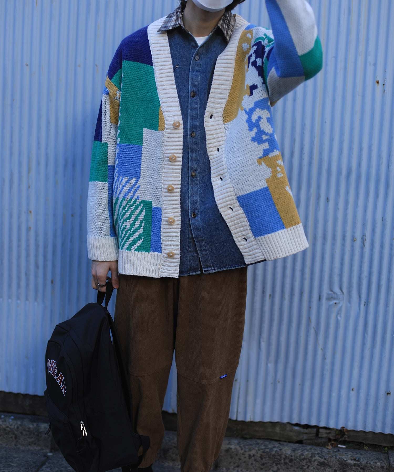 フック HOOK 【HOOK】ーoriginalー レトロ調アニマル・配色パッチワークニットカーディガン (アイボリー) アイボリー