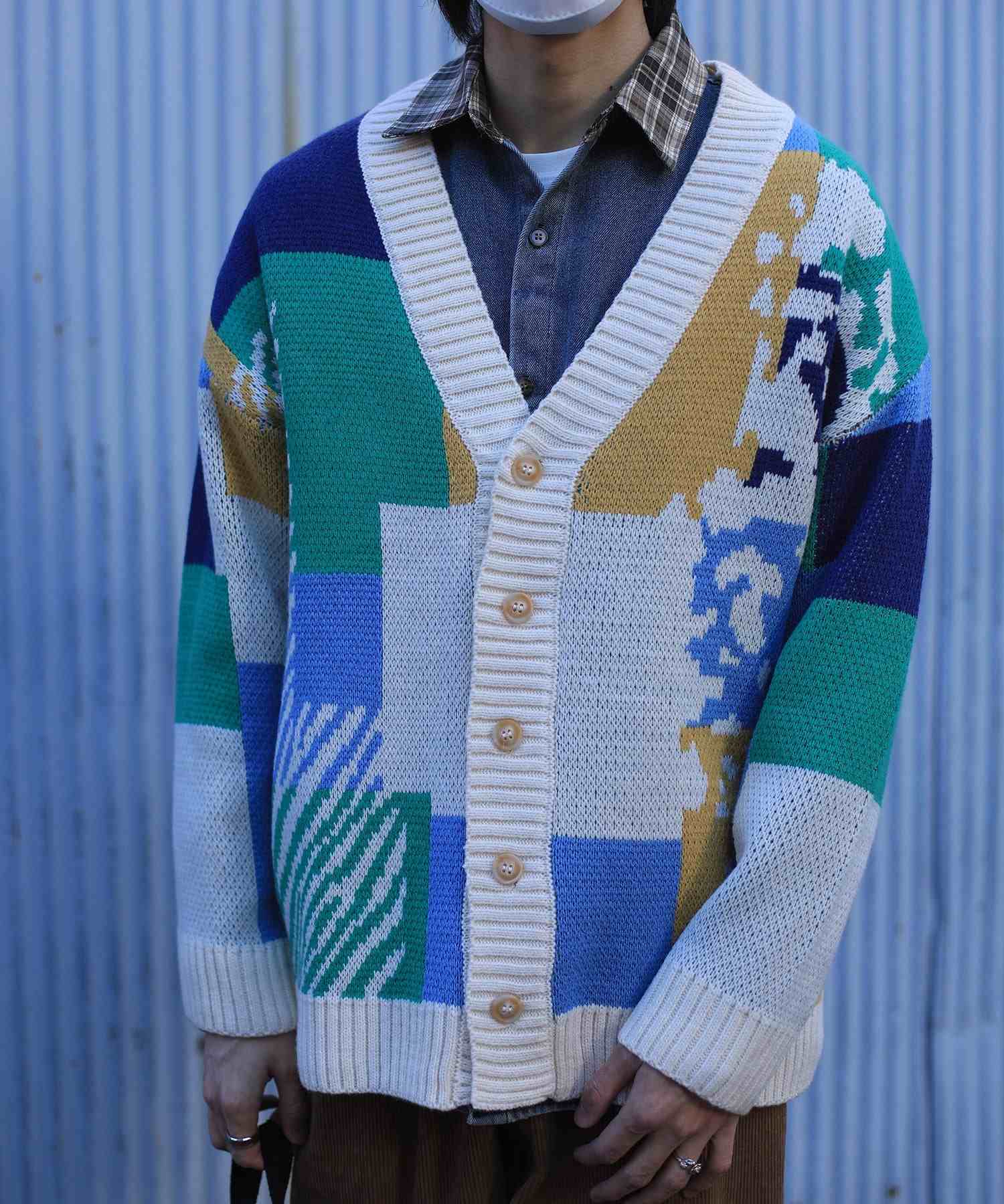 フック HOOK 【HOOK】ーoriginalー レトロ調アニマル・配色パッチワークニットカーディガン (アイボリー) アイボリー