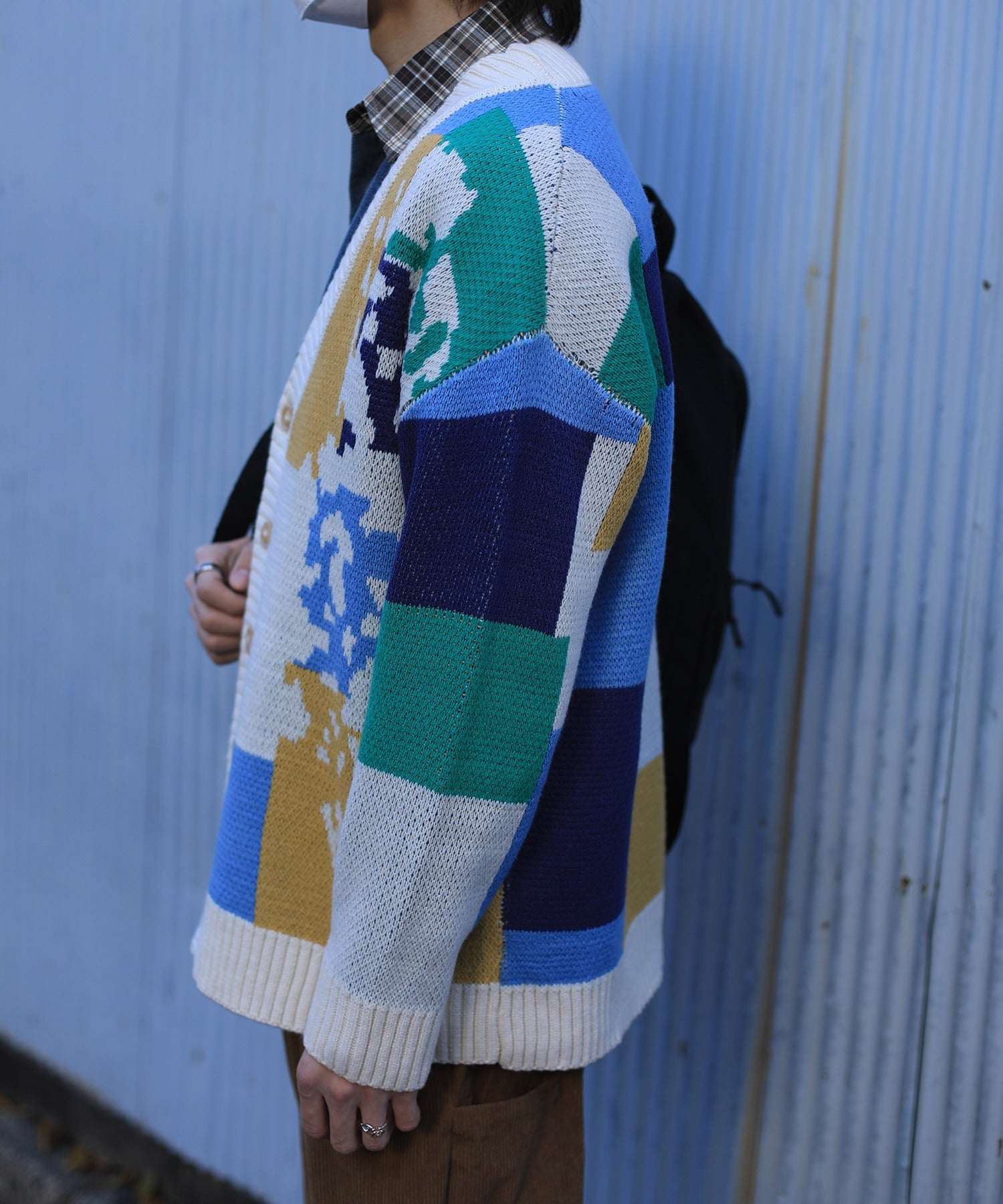 フック HOOK 【HOOK】ーoriginalー レトロ調アニマル・配色パッチワークニットカーディガン (アイボリー) アイボリー