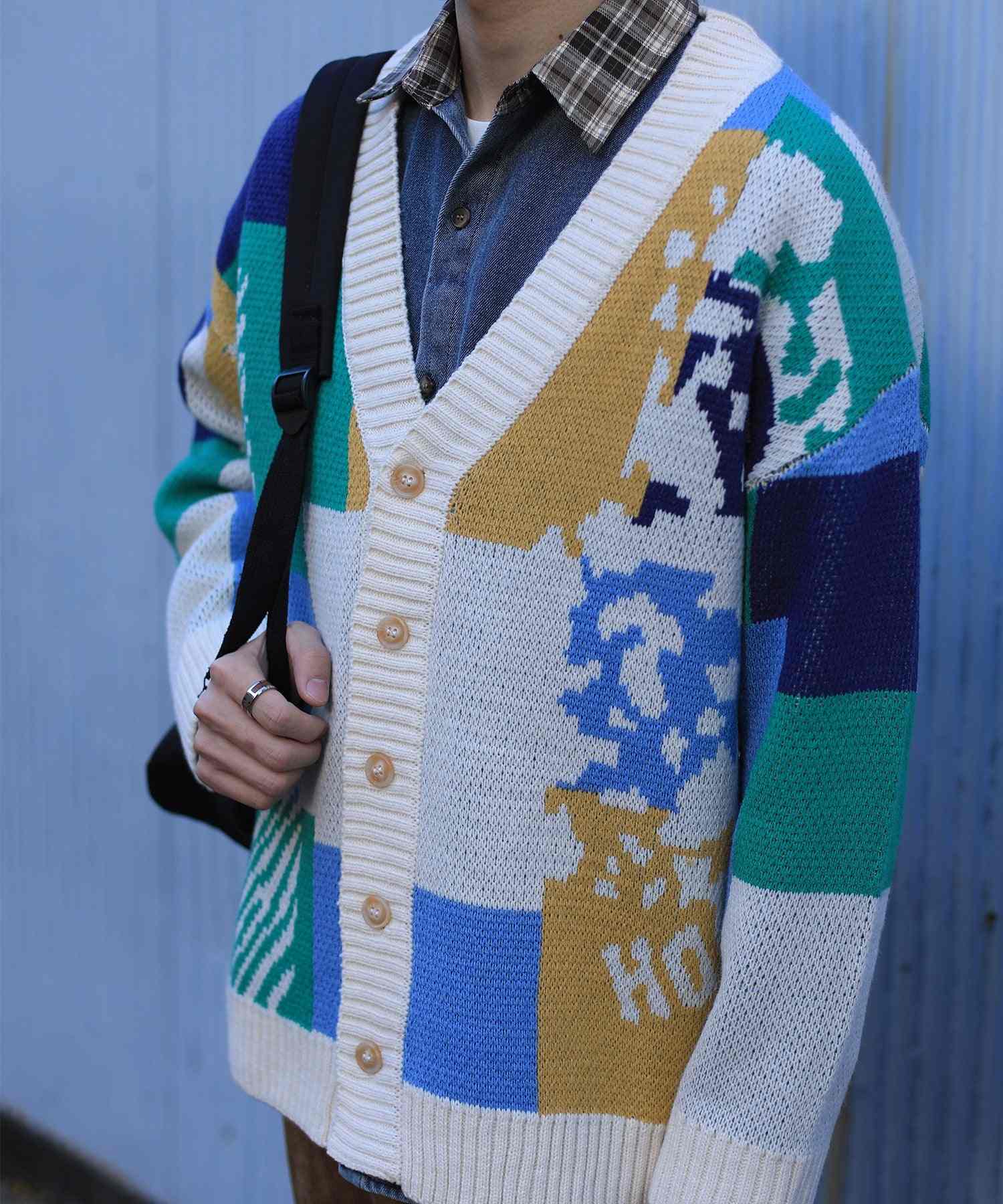 フック HOOK 【HOOK】ーoriginalー レトロ調アニマル・配色パッチワークニットカーディガン (アイボリー) アイボリー