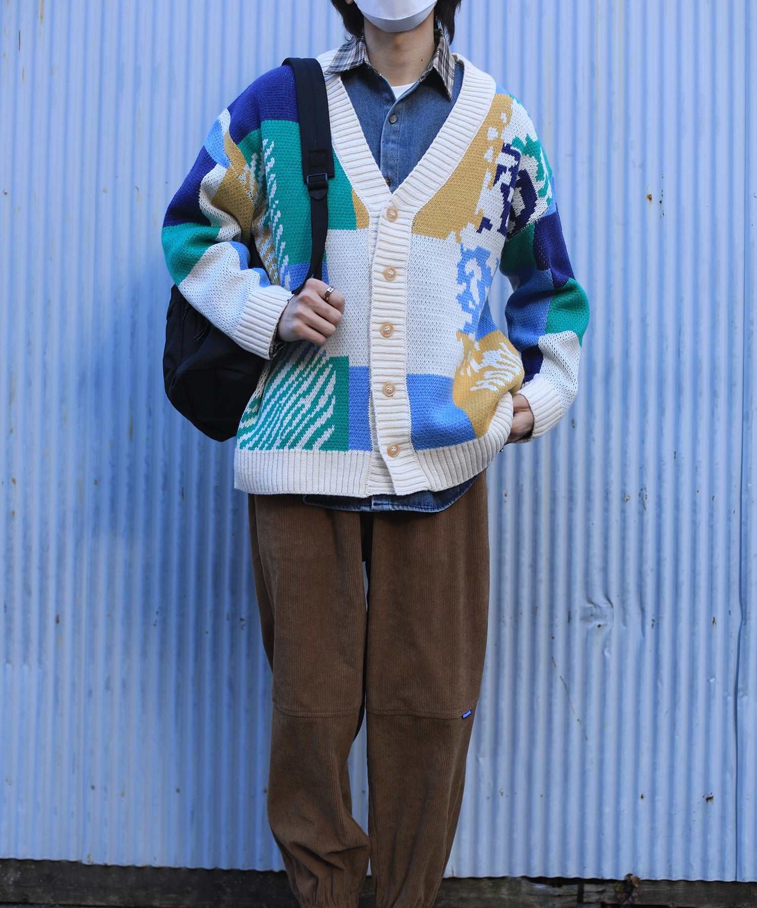 フック HOOK 【HOOK】ーoriginalー レトロ調アニマル・配色パッチワークニットカーディガン (アイボリー) アイボリー