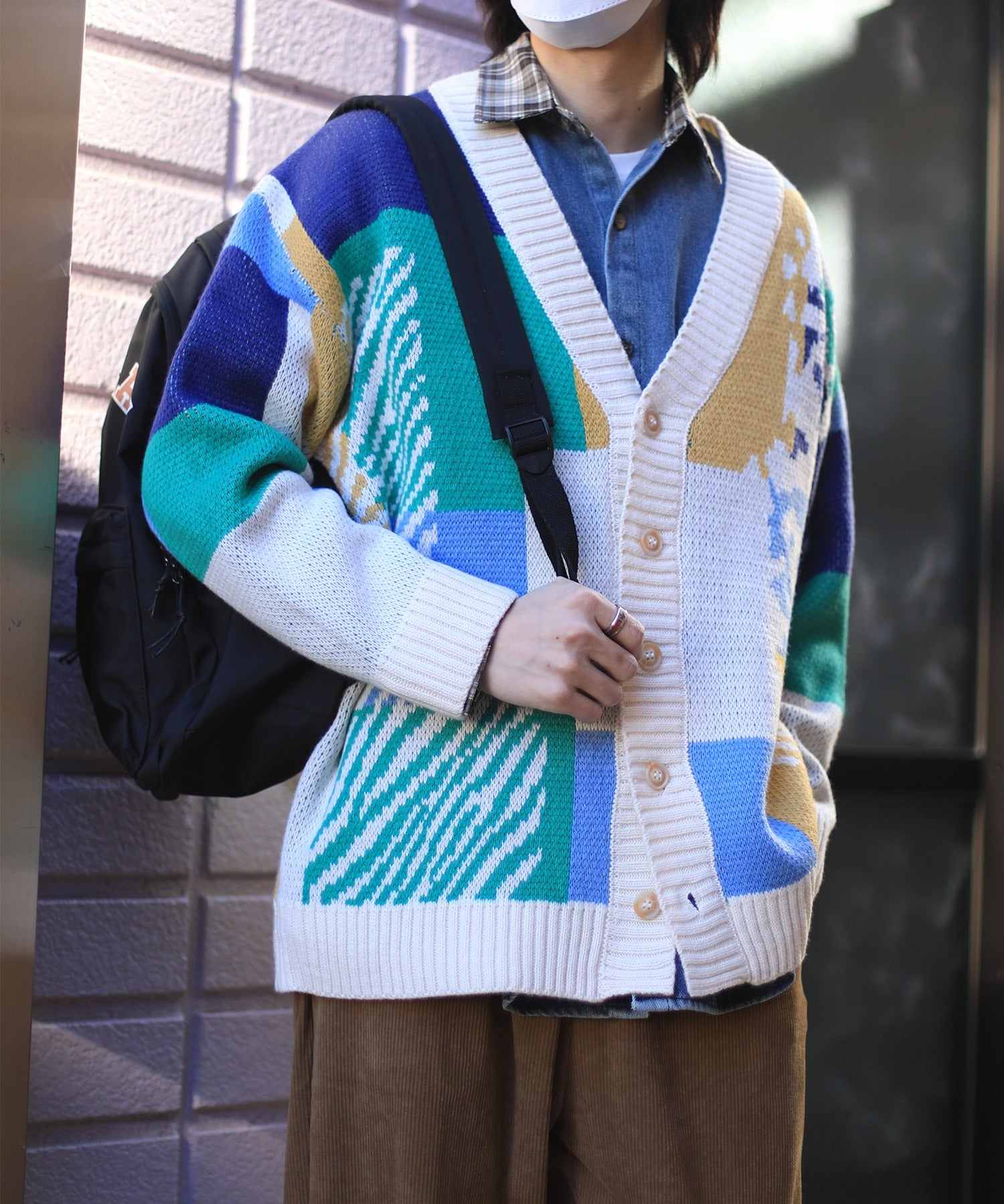 フック HOOK 【HOOK】ーoriginalー レトロ調アニマル・配色パッチワークニットカーディガン (アイボリー) アイボリー